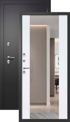 Термодверь входная FLY DOORS Айварс Термо зеркало, 2 замка, 1,4 мм металл, (черный букле+велюто бианко)