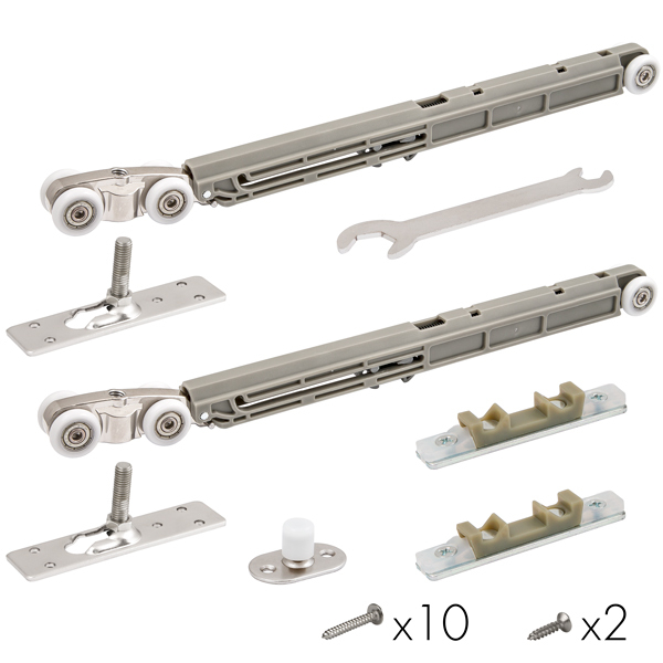 Комплект фурнитуры для раздвижных дверей Армадилло SLD.Comfort-PRO.SET2.soft close/80/два ролика-доводчика с нейлоновыми колесами и подшипниками, обеспечивающими бесшумную и плавную работу в обе стороны крепления и стопоры для них нижний ролик для направления хода полотна. (гарантия - 5 лет)