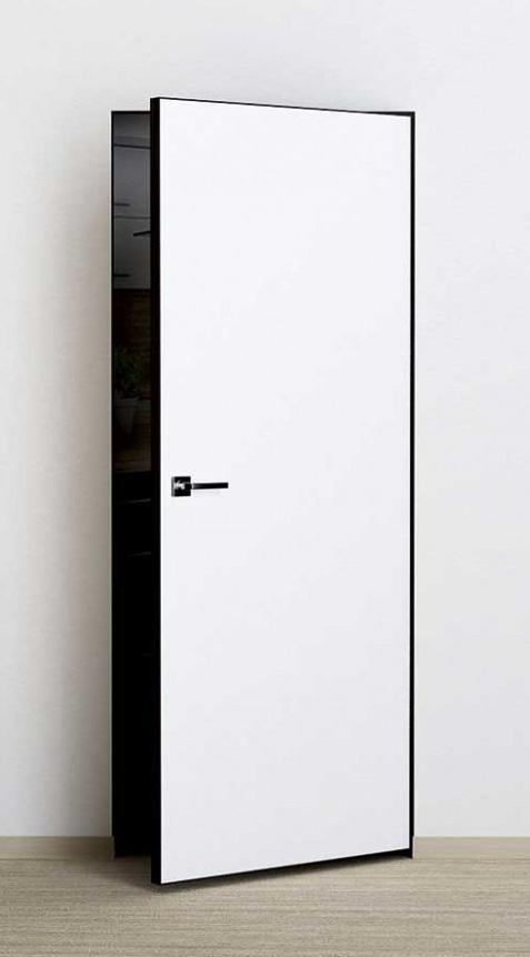 Дверь межкомнатная скрытая Сибирь Профиль Инвизибл (полотно с врезкой под замок и петли, алюминиевая кромка с 4-х сторон (черный), магнитный замок Гардиан), цвет белый, под покраску, глухая
